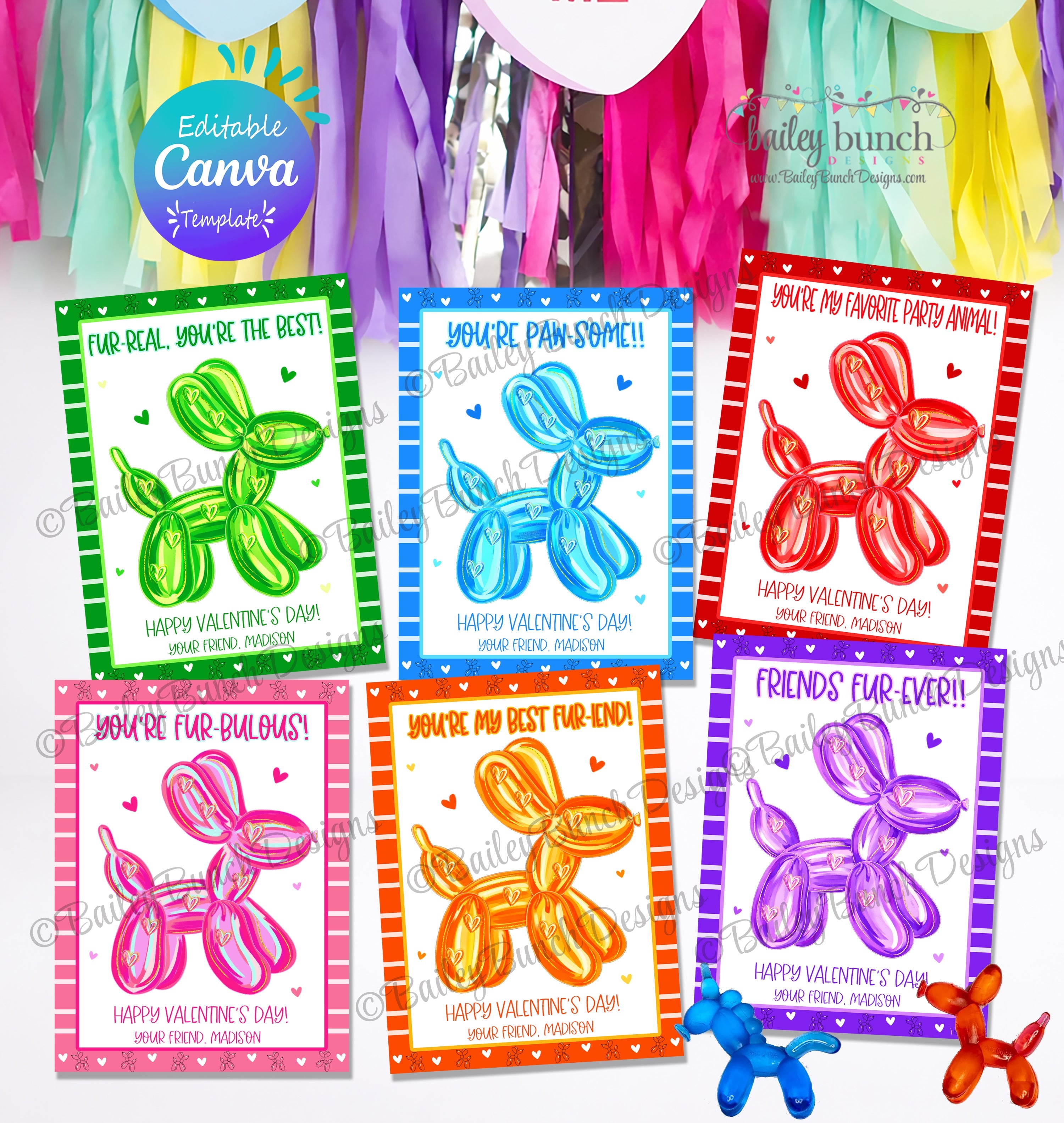 Balloon Animals Valentine Cards printable set with bright, cheerful balloon pet graphics and editable text fields for children’s classroom Valentine cards