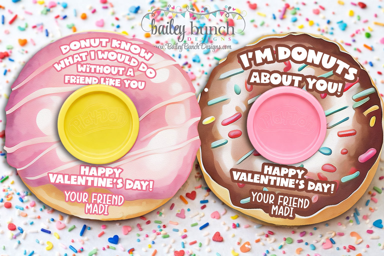 Donut Themed Valentine Printable Cards Play Dough Party Favor Non Candy Alternative Classroom Exchange Template Editable Canva Design Digital Download Kids Valentine Gift School Celebration Holiday Activity Unique Children Present Easy DIY