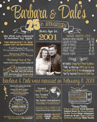 Personalized 25th wedding anniversary chalkboard sign with gold and white lettering on a black background celebrating a couple married in 2001 — customizable with names and date.