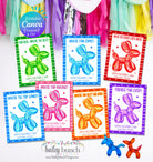 Printable kids’ Valentine’s Day cards featuring colorful balloon animal dog illustrations and fun classroom Valentine designs from Bailey Bunch Designs